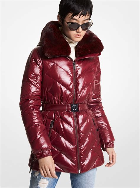 Faux Fur Trim Quilted Nylon Belted Puffer Coat 